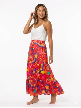 Alden Adair Multicolor Star Moon Rainbow Maxi Skirt NWT size XS